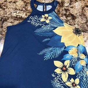 Vibrant Blue and Yellow Botanical High Neck Halter Dress
